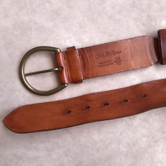 Vintage Saks Fifth Avenue Genuine Leather Belt Italy Brass Buckle Patina Western - Picture 6 of 6